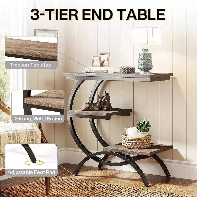 Industrial 3-Tier C-Shaped Side End Table for Living Room