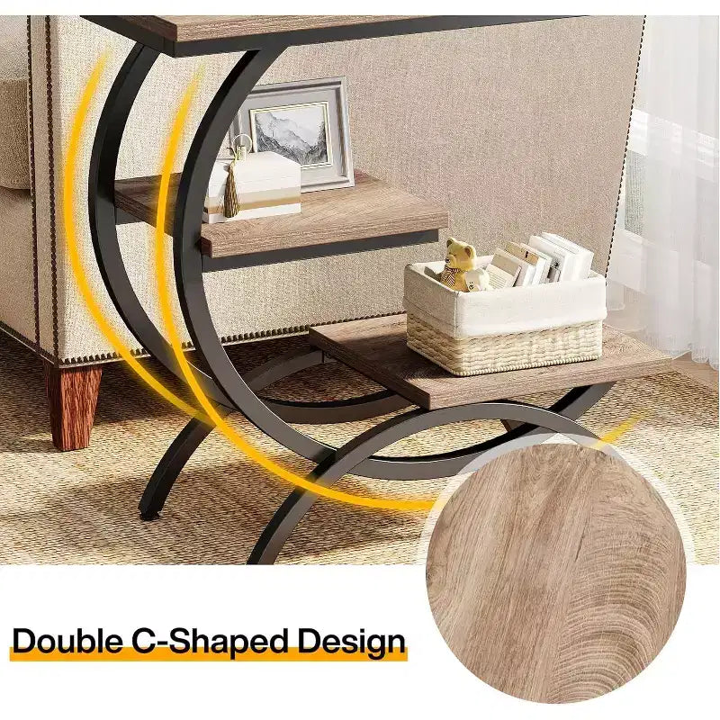 Industrial 3-Tier C-Shaped Side End Table for Living Room