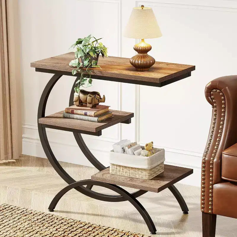 Industrial 3-Tier C-Shaped Side End Table for Living Room