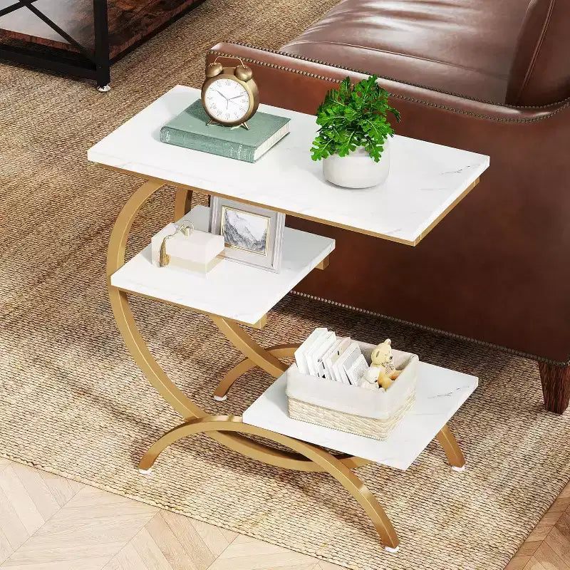 Industrial 3-Tier C-Shaped Side End Table for Living Room