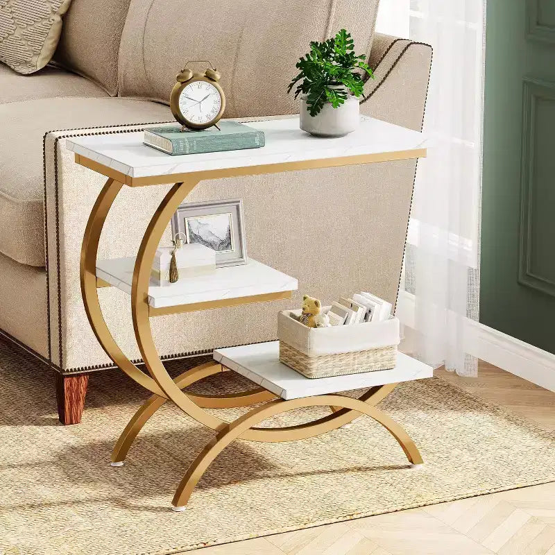 Industrial 3-Tier C-Shaped Side End Table for Living Room