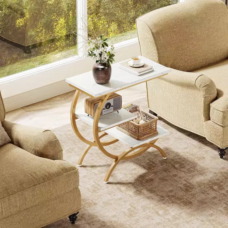 Industrial 3-Tier C-Shaped Side End Table for Living Room
