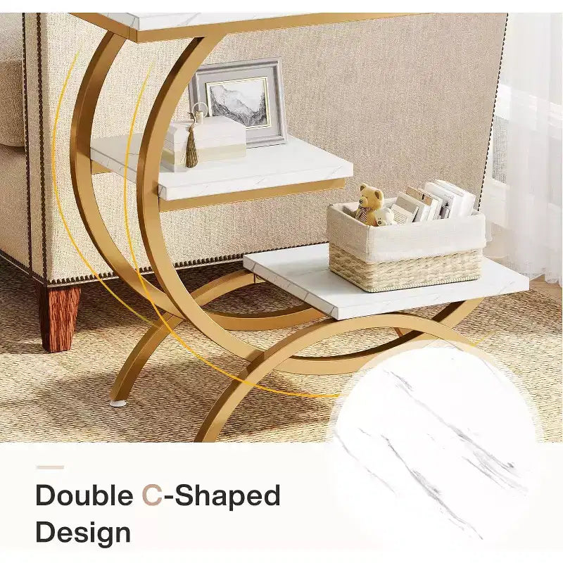 Industrial 3-Tier C-Shaped Side End Table for Living Room