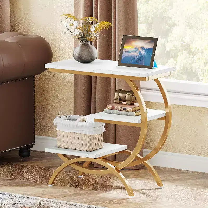Industrial 3-Tier C-Shaped Side End Table for Living Room