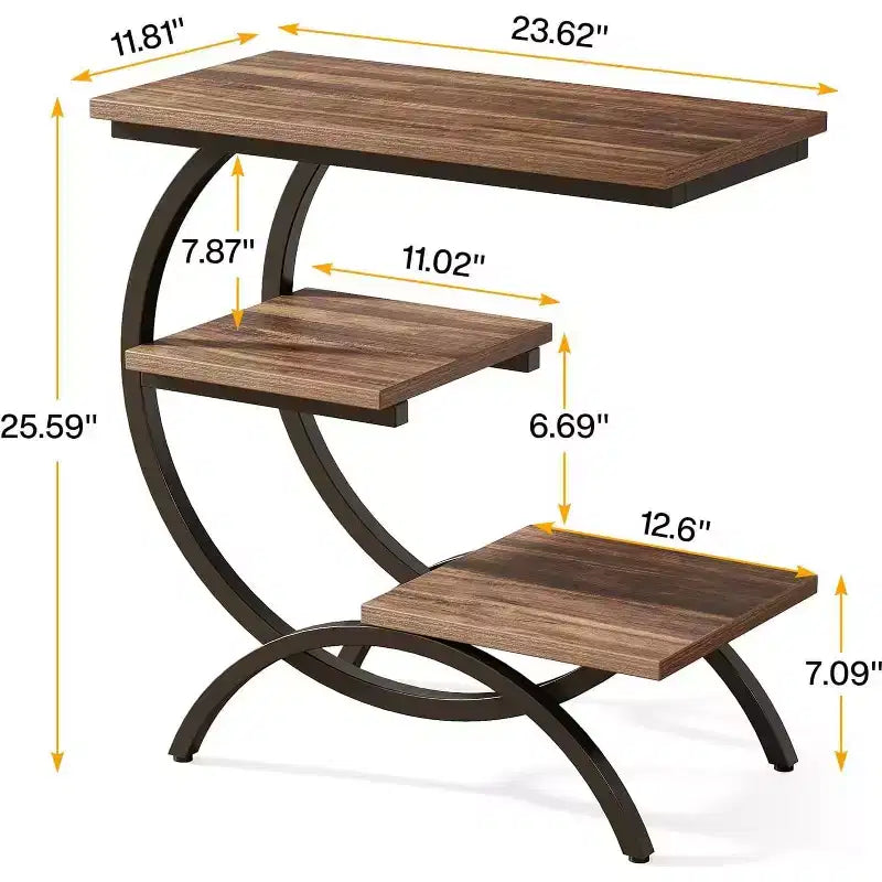 Industrial 3-Tier C-Shaped Side End Table for Living Room