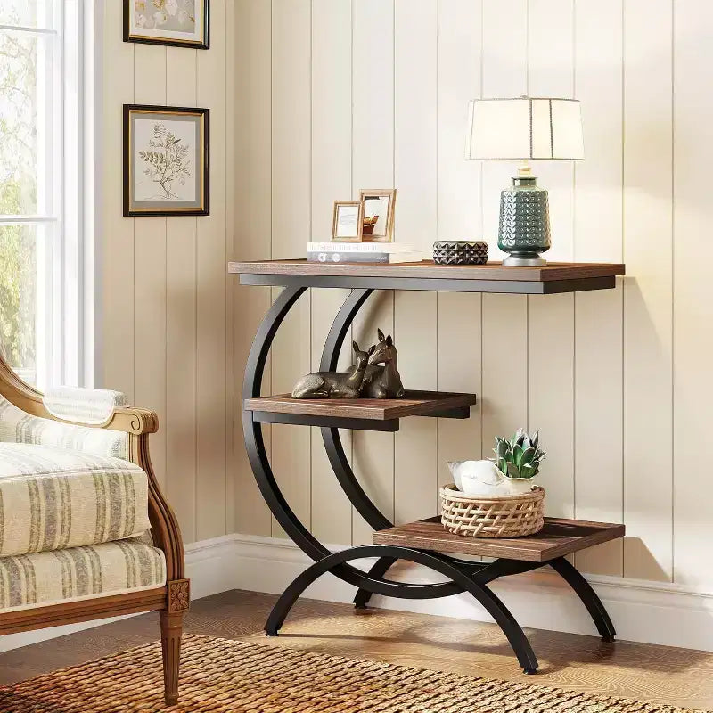 Industrial 3-Tier C-Shaped Side End Table for Living Room