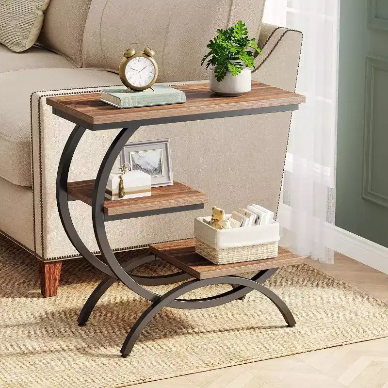 Industrial 3-Tier C-Shaped Side End Table for Living Room