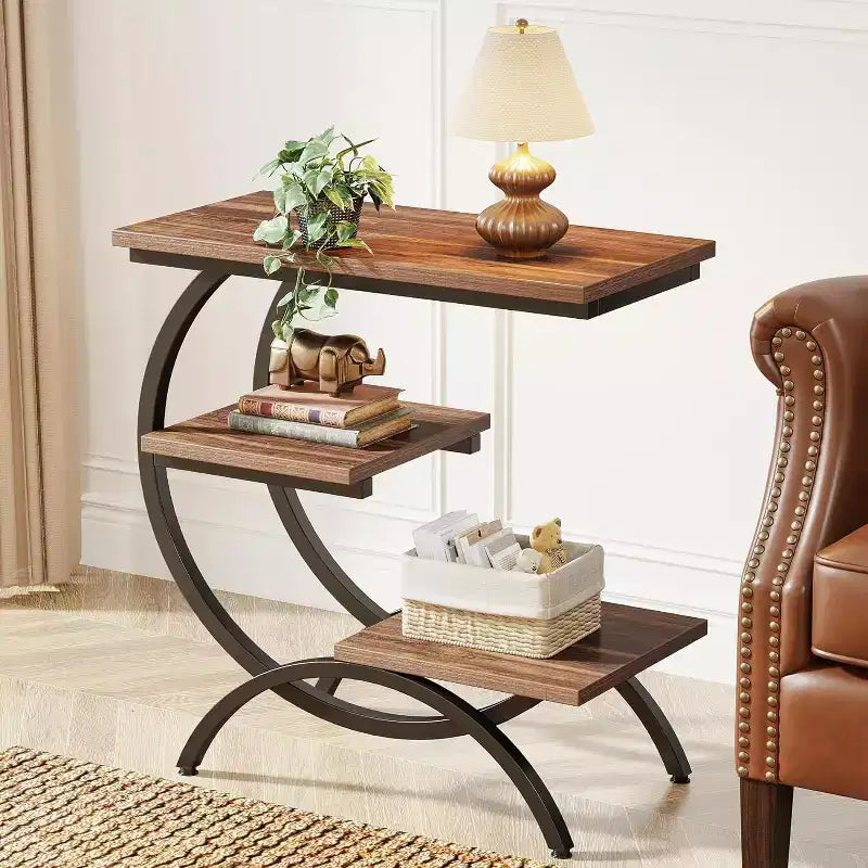 Industrial 3-Tier C-Shaped Side End Table for Living Room