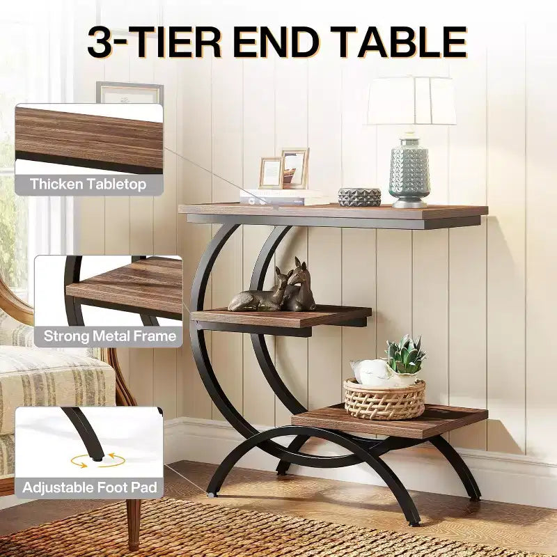 Industrial 3-Tier C-Shaped Side End Table for Living Room
