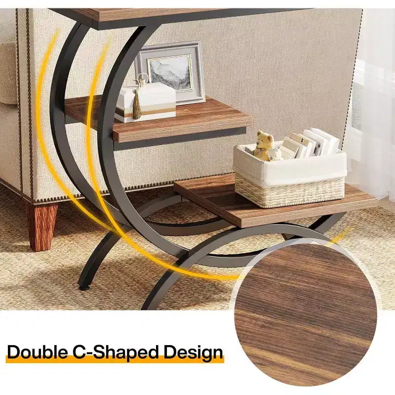 Industrial 3-Tier C-Shaped Side End Table for Living Room